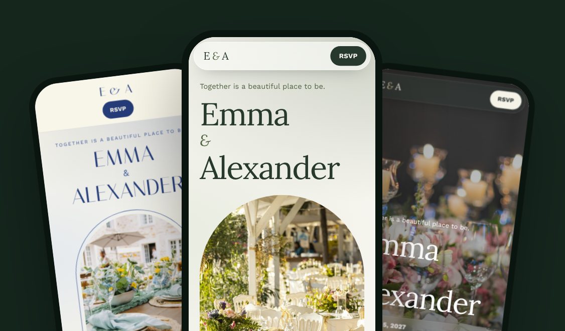 Three wedding website designs shown on phones